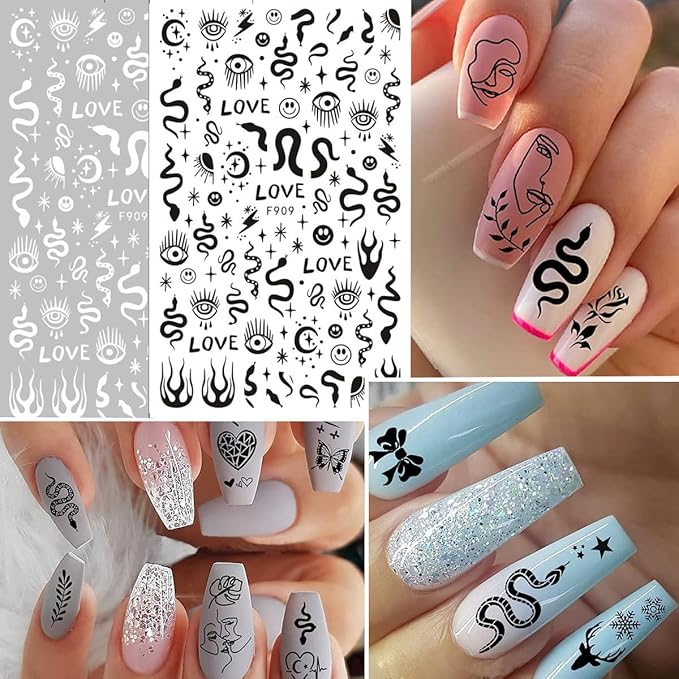 10 Sheets Snake Nail Art Stickers Sheets Black White Nail Decals Star Moon Eye Rose Leaf Flame Nail Art Supplies Butterfly Acrylic Nail Supplies 3D Goth Snake Nail Design Stickers for Women DIY Nail