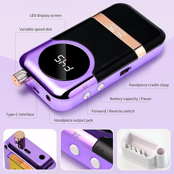 LIMEGIRL Professional Electric Nail Drill Kit 45000RPM Portable Cordless Toenail Cordless Toenail Machine with 14 Drill Bits and Base for Women (Purple)