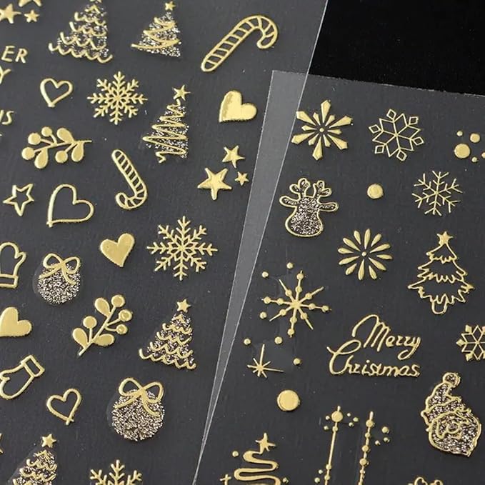Christmas Nail Art Stickers Decals 3D Self-Adhesive Gold Christmas Nail Decals 6PCS Crystal Ball Snowflake Tree Candy Elk Xmas Nails Design Manicure Sliders for Women Holiday DIY Nail Decorations