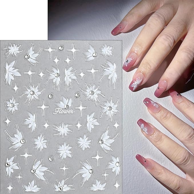 5D Embossed Snow Mowing Nail Art Stickers White Semitransparent Self Adhesive Diamond Flower Nails Stickers Spring Flower Nails Decals Floral Nails Supplies for Women Nail Art Decorations 3PCS