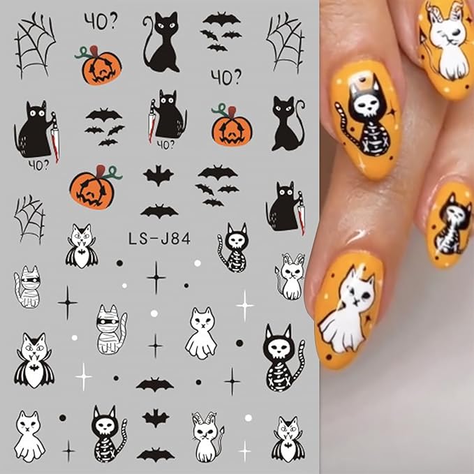 6 Sheets Halloween Nail Art Stickers Cute Spooky Pumpkin 3D Self-Adhesive Nail Decals Spider Nail Design Stickers Bat cat Nail Stickers for Women Girls Halloween DIY Acrylic Manicure Salon