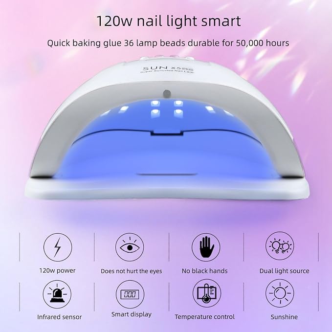 UV Light for Gel Nails-120W High-Power lámpara para uñas with 36 LED Beads&365-405nm Dual Wavelength for Rapid Curing,No Dark Hands&Eye-Safe Design, Smart Sensor Tech,for Home&Salon Use in Sleek