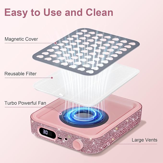 Nail Dust Collector with 2 Reusable Filters,Nail Vacuum Dust Collector Quiet for Nail Tech Art, Powerful Nail Fan and Duster Collector,Nail Vacuum Cleaner for Salon and Home(Pink Diamond)