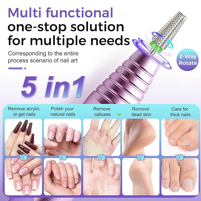 Fantexy 5 in 1 Nail Drill Bits,Professional 3/32" Shank Tungsten Steel Bits for Acrylic Nails,Manicure,Nail Art,Drill Machine,Both Left and Right Handed - Two Way Rotate Use (Coarse - C)