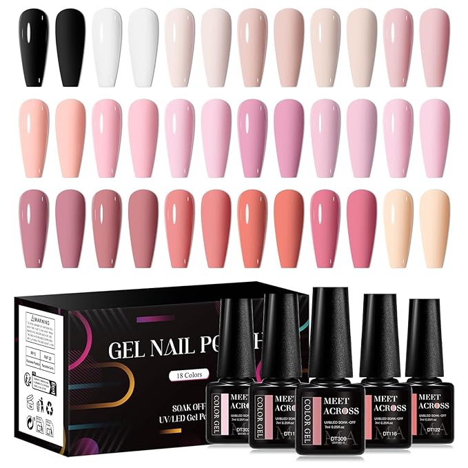 MEET ACROSS 18pcs Gel Nail Polish Set Soak Off UV LED Lamp Gel Nail Polish Kit (SET-1, 18pcs)