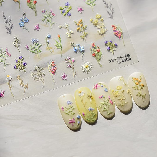 1Pcs Embossed Flower Nail Stickers Small Daisy Nail Decals 5D Embossed Wildflower Nail Art Stickers Spring Summer Pink Yellow Blue White Green Flower Design Nail Art Decoration for Women Girls Kids