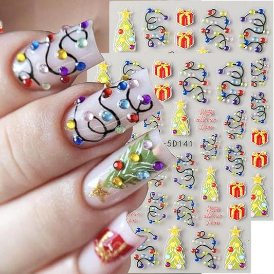 2 Sheets Christmas Nail Stickers for Nail Art Embossed New Year Light Strip Nail Art Stickers 5D Self-Adhesive Xmas Gift Nail Design Supplies Winter Christmas Tree Nail Decals for Women Holiday Decor