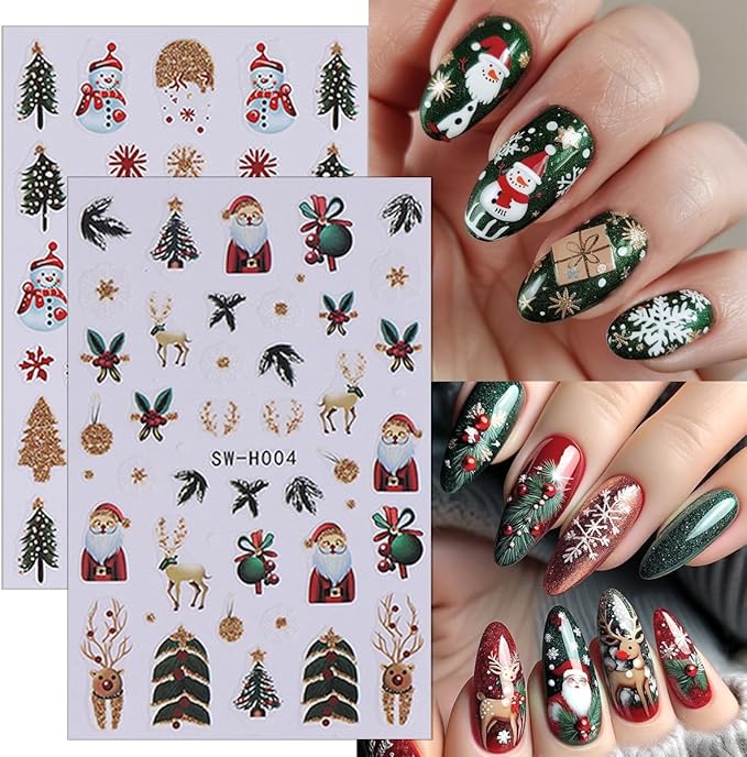 Christmas Nail Art Stickers Decals 3D Elk Christmas Tree Snowman Santa Claus Snowflakes Self-Adhesive Nail Decals Supply Xmas Nail Stickers for Women DIY Winter Holiday Nails Decoration 8 Sheets