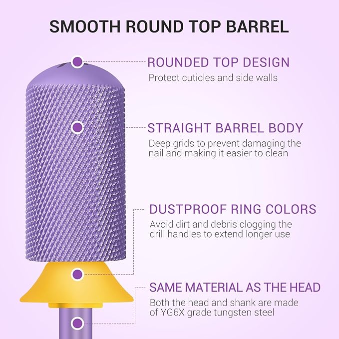 MelodySusie Safety Nail Drill Bits, 3/32'' Smooth Round Top Large Barrel Carbide Bits, Suitable for Manicure Pedicure Cuticle Gel Polishing, Beginners Bits, Purple, Series Bit-S, XF