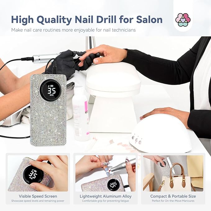 SAVILAND Professionl Nail Drill Kit: 35000RPM Rhinestones Nail Drill for Nails Electric Nail File Professional Portable Efile with Drill Bits Nails Filer Buffer Salon Home Manicure Pedicure