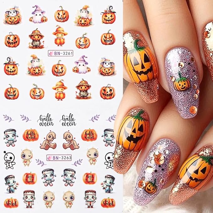 Halloween Pumpkin Nail Art Stickers Decals, 12Pcs Cute Ghost Skeleton Bat Pattern Water Transfer Nail Foils Decals for Halloween Nail Art Decoration Watermark Acrylic Stickers for Manicure DIY Supply