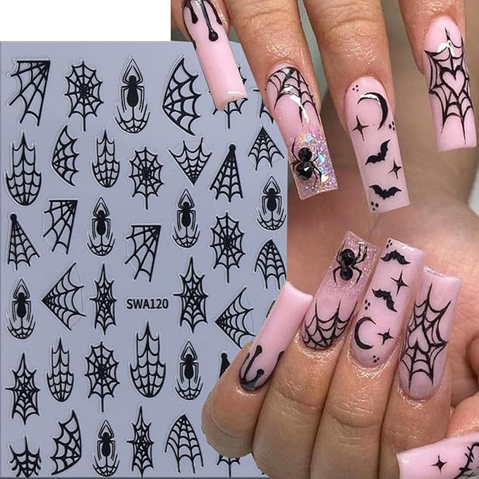 6 Sheets Halloween Spider Web Nail Art Stickers 3D Self -Adhesive Spider Web and Spider Nail Decals Holographic Black Gold Silver Nail Stickers Halloween Nail Decoration for Women Manicure Supplies