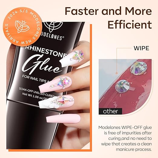 Modelones Manicure Tables Supports Growth 4-in-1 Rhinestone Glue - Super Strong for Press On Nails, Gems, Charms & Rhinestones, No Wipe Nail Art Glue, 30g Cured Needed