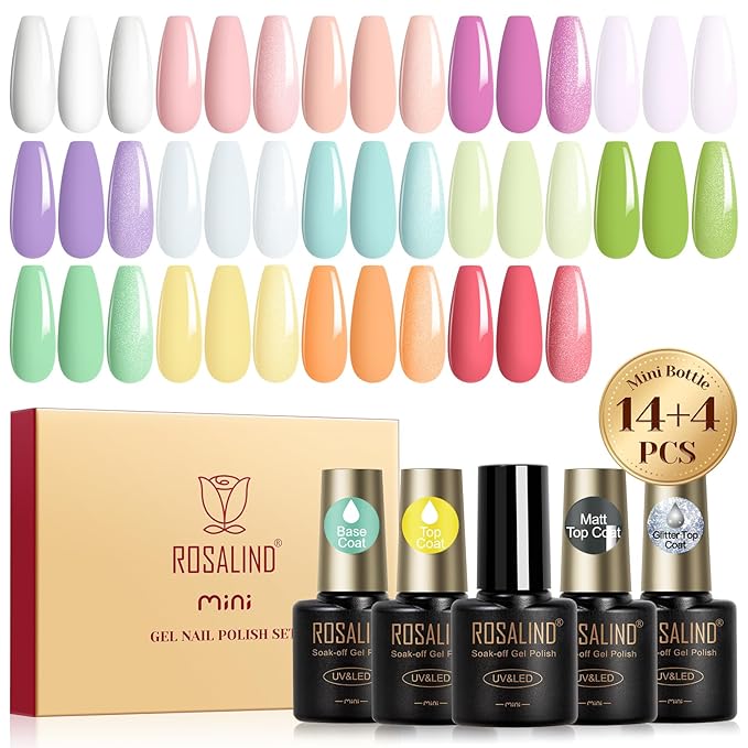 ROSALIND 18PCS Gel Nail Polish Set with Base Top Coat (Glossy Matte and Glitter),14 Pcs Pastel Bright Colors Gel Polish Set Macaron Colors Soak Off Nail Polish Gel Nails Art for Women