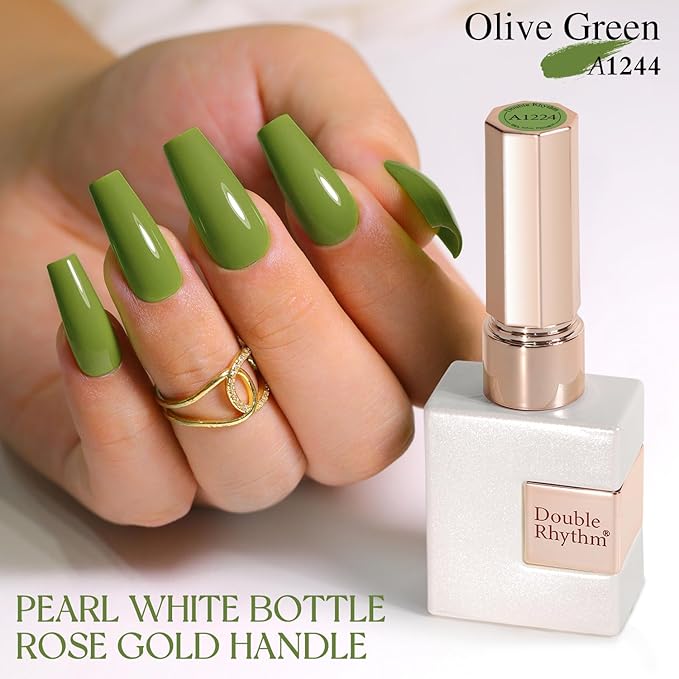 Double Rhythm Gel Polish 15ML Jelly Sheer Pastel Light Milky Color Pearl White Bottle 1 PC 0.5 OZ Full Size Nail Art Salon at Home (Olive Green-D1244)
