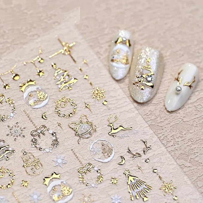 Christmas Nail Sticker 5D Embossed Gold Xmas Tree Reindeer Snowman Nail Art Sticker Self Adhesive Nail Decals Snowflake Nail Art for Women Girls Manicure Supplies Nails Art Decorations