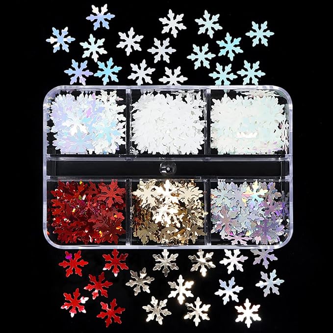 6 Grids Snowflake Nail Art Stickers Decals 3D Snowflake Nail Glitter Sequins Holographic Laser White Red Gold Silver Snowflake Glitter Flakes Winter Christmas Snow Nail Art Glitter Decoration