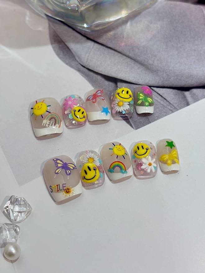 5D Embossed Smiley Face White Daisy Nail Stickers - Floral Face Nail Art Decorations for Manicure A Set of 2 Sheets