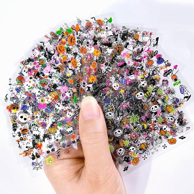 ONPRESS 30Sheet Halloween Nail Stickers Pumpkin Ghost Face Nail Art Stickers 3D Self-Adhesive Spider Web Cat Bat Nail Decals Skull Witch bow Nail Accessories for Women Girls Acrylic Manicure Supplies