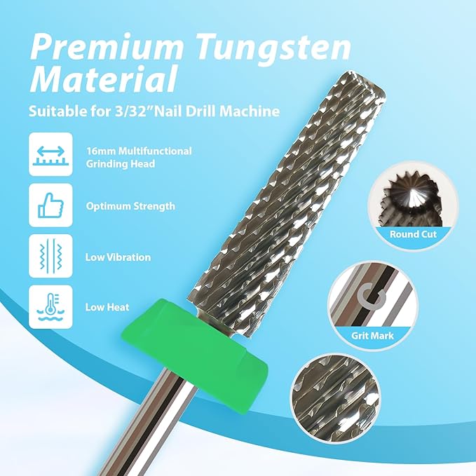 16mm 5 in 1 Nail Drill Bits for False Nail Apply, 3/32'' Tapered Tungsten Carbide Professional Bit, Slender Bit for Corners, Left & Right Hand Use, Manicure Cuticle Gel Polishing, Coarse.