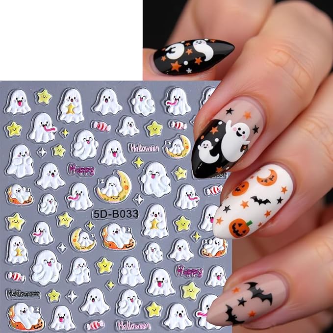 3 Sheets Halloween Nail Stickers for Nail Art 5D Embossed Skull Spider Web Bat Cute Ghost Pumpkin Nail Art Stickers Self Adhesive Star Moon Nail Design Holiday Nail Decals for Acrylic Nails Decor