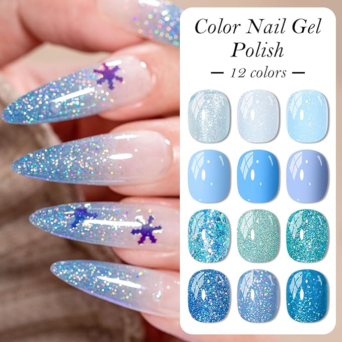 MEET ACROSS 12PCS Gel Nail Polish Set, 12 Colors Gel Nail Kit Art Design Soak Off UV LED,Nail Art Design Gifts for Women (Blue, 12PCS)