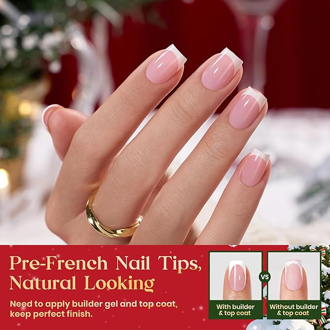 Beetles Pre-French Tips Gel Nail Tips - Pink Short Square Press On Nails,15 Sizes 150 Pcs 4 in 1 Nails Tip