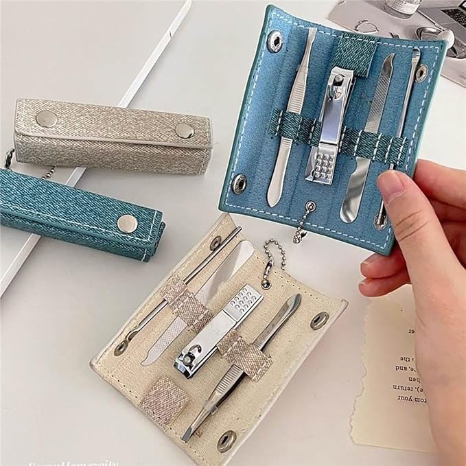 Portable 4 in 1 Nail Care Kit with PU Leather Case Compact Travel Manicure Set Includes Nail Clipper, Ear Spoon, Nail File, Eyebrow Tweezers, 2 Set (Blue and Beige) for Home,Travel