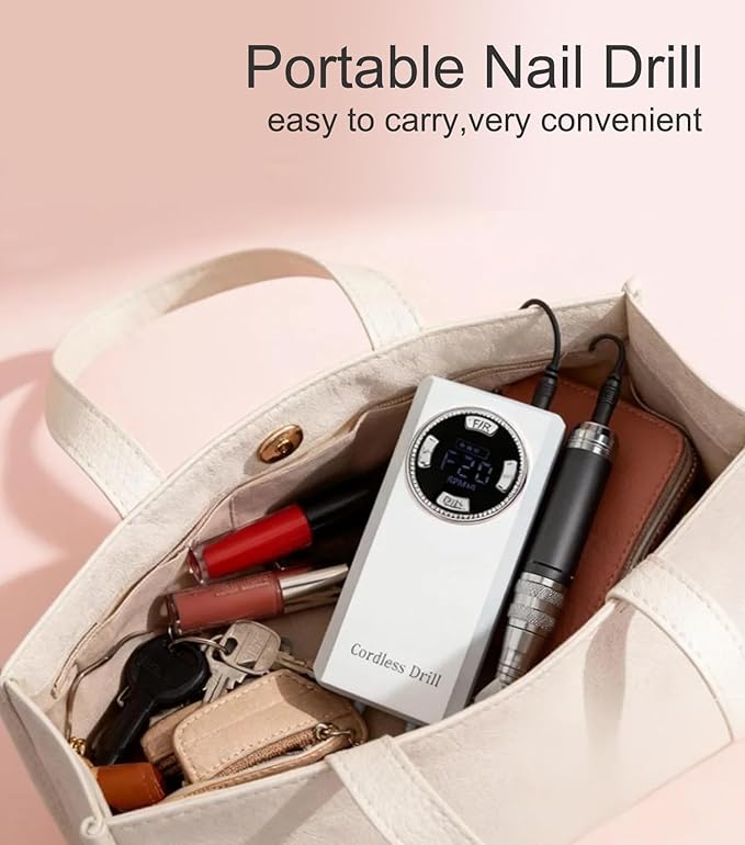 Lumcrissy 40000RPM Professional Electric Nail File Kit - Rechargeable Cordless Nail Drill for Acrylics Gel Nails, Portable Efile Machine with 6 Bits for Home Salon Manicure Pedicure Care (White)