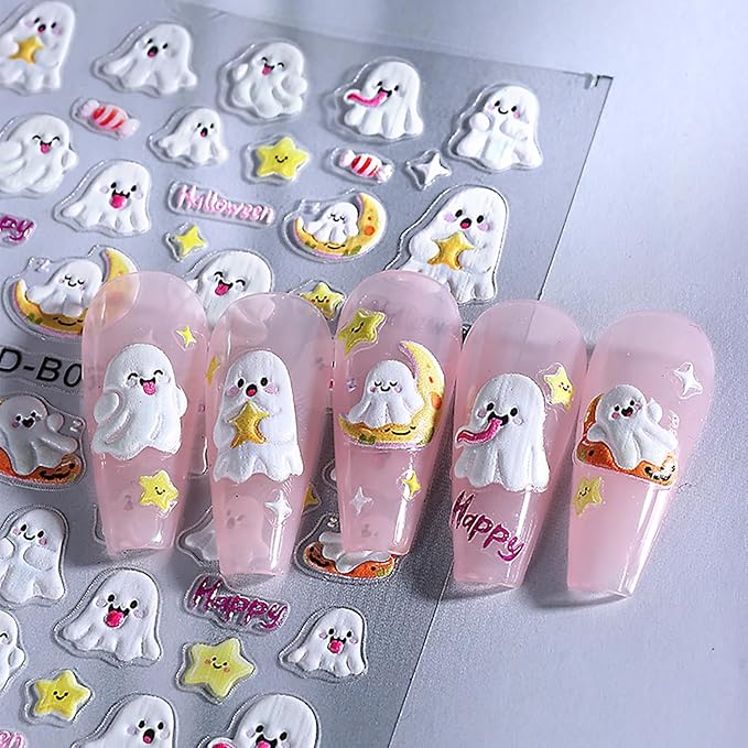 2 Sheets Halloween Nail Art Stickers 5D Embossed Cute Ghost Nail Decals Self-Adhesive Pink Yellow Spider Nail Sticker Star Pumpkin Spider Web Nail Decal for Women DIY Nail Design Supplies