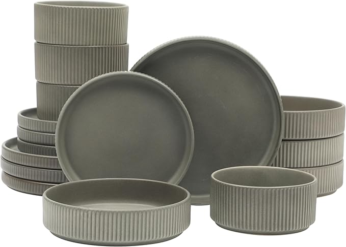 Gibson Elite Deerfield 16-Piece Stoneware Dinnerware Set – Soft Grey Reactive by GibsonHomewares