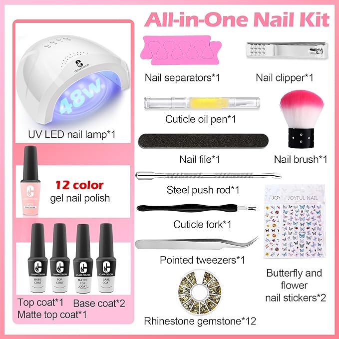 Clara Colors 12 Color Nude Gel Gel Nail Polish Set with UV Light, Base Coat, Glossy Matte Top Coat, Nail Lamp, Tools & Accessories for DIY Manicure