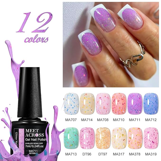 MEET ACROSS 12PCS Gel Nail Polish Set, 12 Colors Gel Nail Kit Art Design Soak Off UV LED,Nail Art Design Gifts for Women (SET-11, 12PCS)