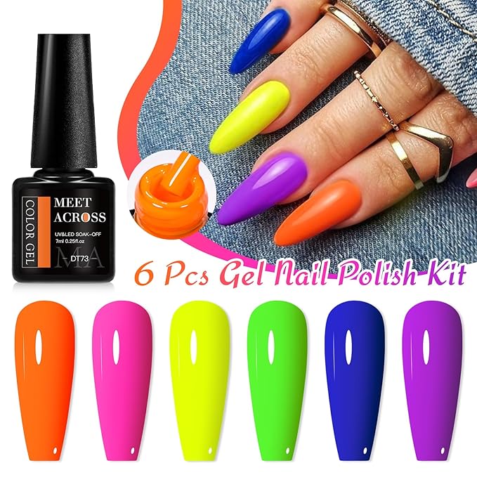 MEET ACROSS Neon Gel Nail Polish Set, 6 Colors Orange Yellow Green Blue Hot Pink Red Purple Spring Summer Fluorescent Gel Polish Home DIY Manicure Gift for Girls Women