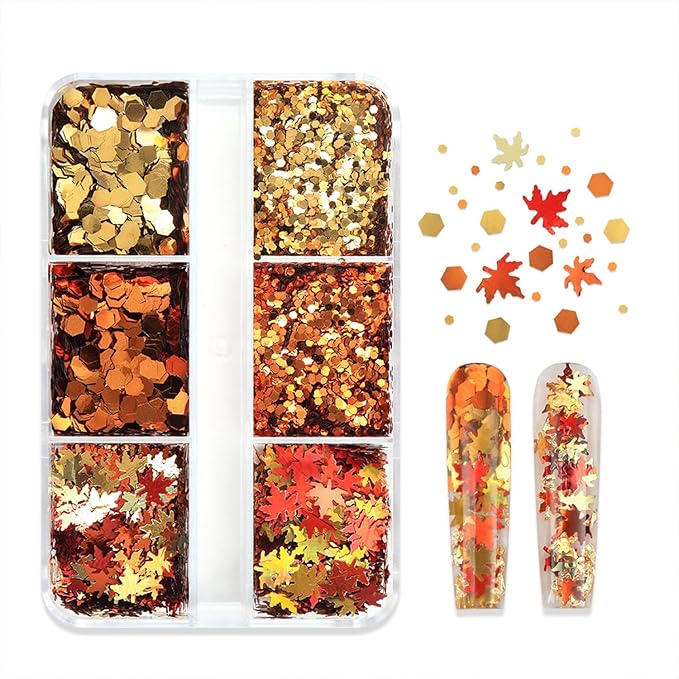 Fall Maple Leaf Nail Sequins Maple Leaves Glitter for Nails Holographic Fall Nail Art Design Supplies 3D Autumn Nail Glitters Flakes Decor