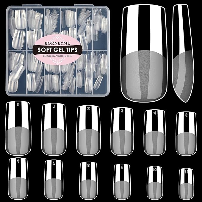Meidum Square Soft Gel Nail Tips, BORNBYME 240 PCS Pre Buff Full Cover Shaped Nail Extenison Tips Half Matte X Gel Nail Tips
