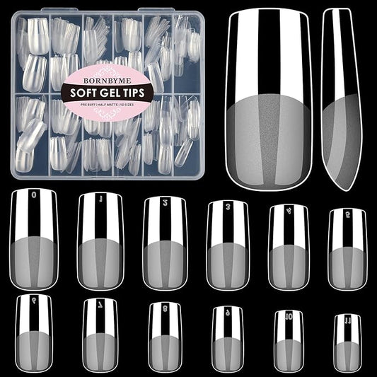 Meidum Square Soft Gel Nail Tips, BORNBYME 240 PCS Pre Buff Full Cover Shaped Nail Extenison Tips Half Matte X Gel Nail Tips