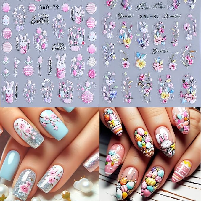2 Sheets Easter Nail Art Stickers Cute Bunny Nail Decals 5D Relief Rabbits Flowers Eggs Self-Adhesive Nail Design Stickers Acrylic Nail Accessories Supplies for Women Girls Manicure