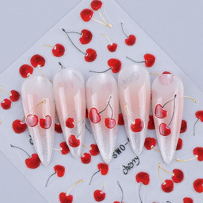 Cherry Nail Art Stickers Decals Summer Fruit Cherry 5D Embossed Nail Decals 3PCS Self-Adhesive Cherries Design Summer Stickers for Nails Art Decorations Supplies Manicure Sliders Accessories for Women