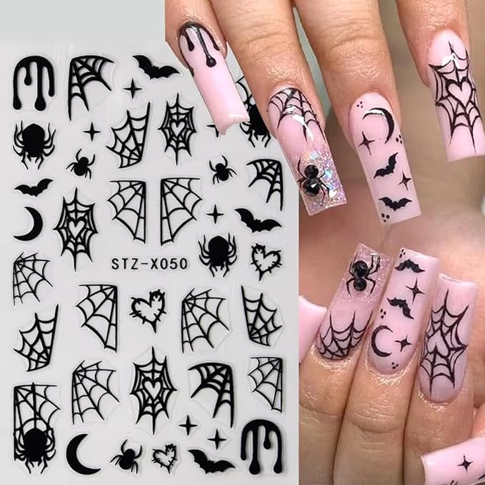 8Sheets Spider Web Nail Stickers, Halloween Decals for Nail Art - Black Stars, Moon, Flame Design - DIY Manicure Charms for Holiday Decoration Accessories