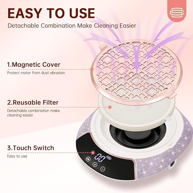 Cordless Nail Dust Collector,Portable Dust Collector Nail Tech with LED Display,Rechargeable Dust Suction Machine with Reusable Fillter for Acrylic Gel Polish,Salon & Home