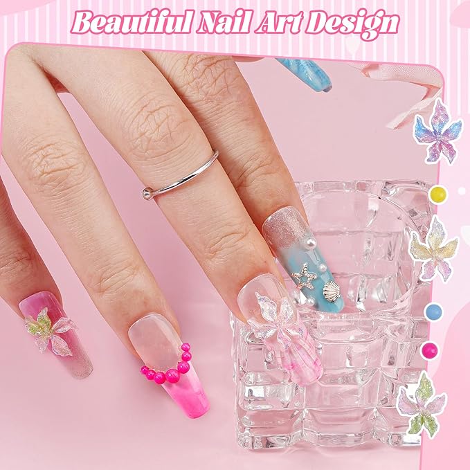 300Pcs Flower Nail Charms Kit, 100Pcs 3D Embossed Luminous Hibiscus Flowers Charms and 100Pcs Nail Pearls with 100Pcs Macaron Beads, Colorful Hawaii Floral Mini Gems Round Beads for Nails DIY