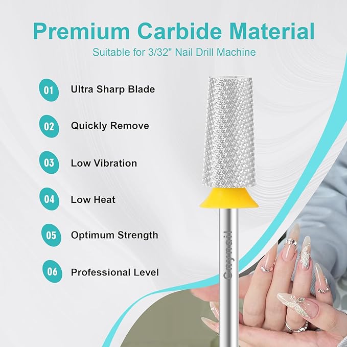 3/32" Large Tapered Barrel Flat Bit Tungsten Carbide Nail Drill Bit Safety Bit for Gel & Acrylic Removal, 2- Way Rotating Efile Tip, Salon Electric File Accessory (XF Girt, Silver)