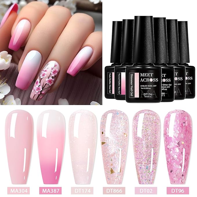 MEET ACROSS Gel Nail Polish Set 6 Pcs Glitter Colors Gel Nail Kit Art Design Soak Off UV LED (SET-8, 6pcs)