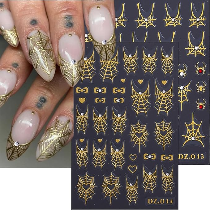 4Pcs Halloween Nail Art Stickers Decals with Rhinestones Design Spider Web Nail Stickers Glitter Gold Silver White Bow Spider Nail Decals Goth Nail Art Supplies Halloween Decoration for Manicure