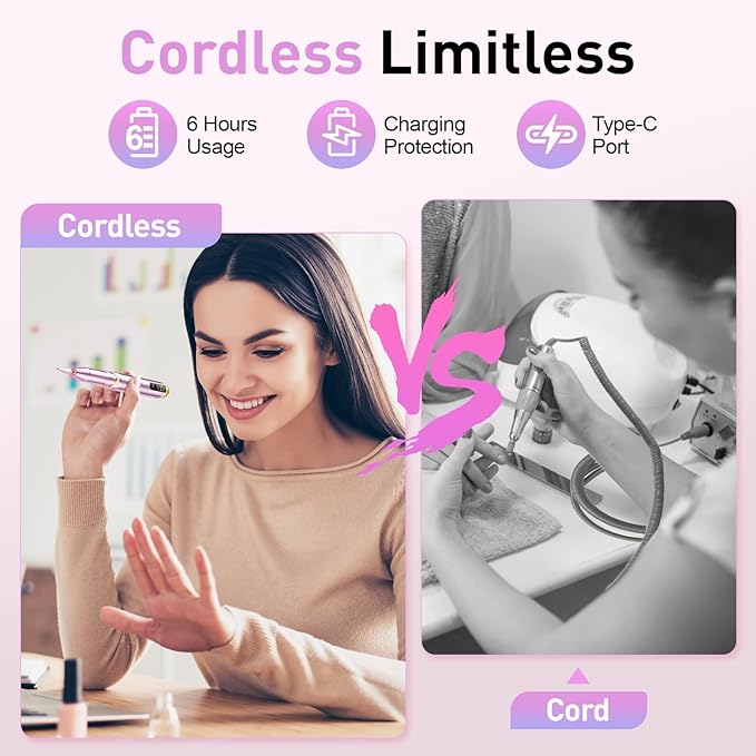 Cordless Nail Drill, Portable Electric Nail File with 11 in 1 Nail Drill Bits for Acrylic Gel Dip Powder Nails, Rechargable Efile Nail Drill Machine Kit for Home Manicure Pedicure, Purple