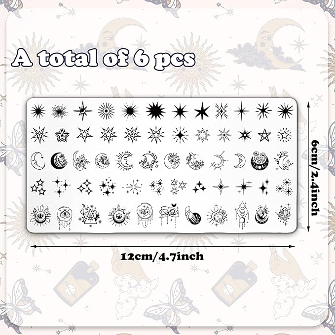 Whaline 6Pcs Sun Moon Star Nail Plates Stamping Set Groovy Stamp Templates Nail Art Plates for DIY Print Manicure Salon Design Gift Supplies