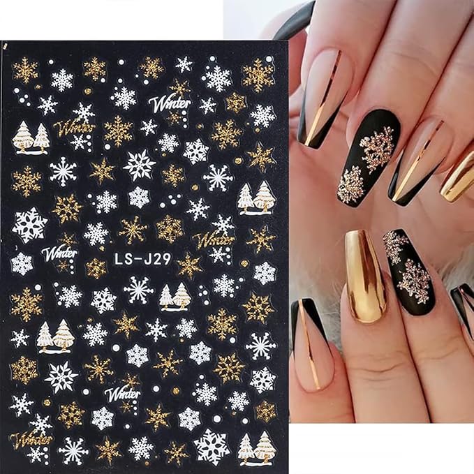 8 Sheets Christmas Nail Art Stickers - 3D Self-Adhesive Gold Glitter Snowflake Xmas Trees & White Reindeer Nail Decals - Winter Holiday DIY Kit