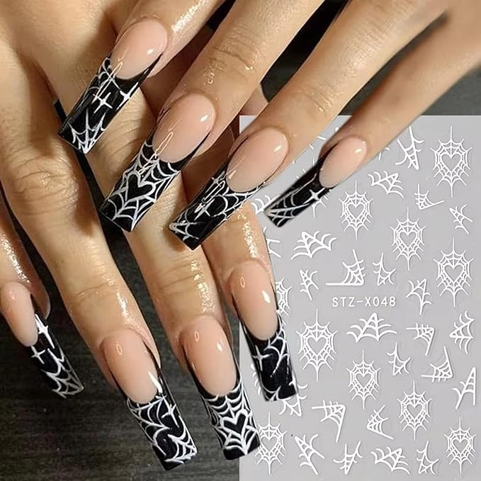 8Sheets Spider Web Nail Stickers, Halloween Decals for Nail Art - Black Stars, Moon, Flame Design - DIY Manicure Charms for Holiday Decoration Accessories