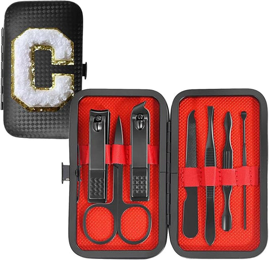 Manicure Set 7 PCS Nail Clippers Kit, Bafezoze Mens Grooming Kit, Initial Christmas Stocking Stuffers for Men Boys Letter C
